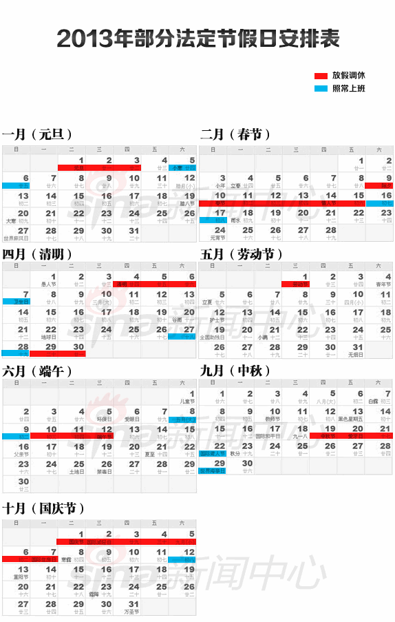2013年元旦，春节，端午，中秋，国庆放假时间安排